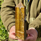 2.01lb Natural Golden Tiger Eye Stone Obelisk Quartz Wand Crystal Pillar Healing