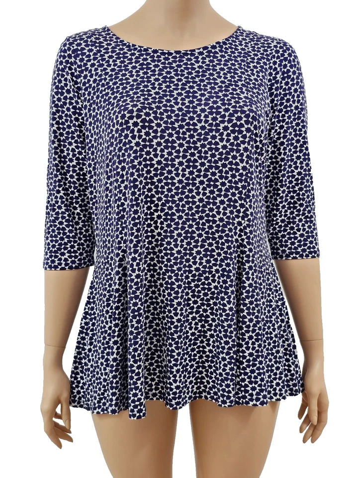 50 Tunika aus Jersey MARKS AND SPENCER navy blau bedruckt elfenbein ausgestellt - Bild 1 von 4