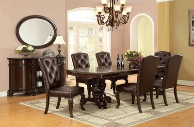 Juego de mesa de comedor de cuero con base de pedestal de borde tallado de 9 piezas acabado cereza oscura Foto 1 de 4