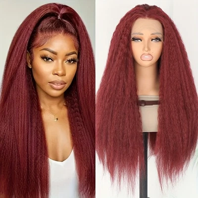 Long Kinky Straight Burgundy Lace Front Wigs 13x4 Pre Plucked Natural Hairline - Image 1 of 4