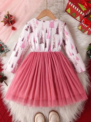 NOVO Vestido de Tule Boutique Árvore de Natal Meninas Rosa Manga Longa - Imagem 1 de 4