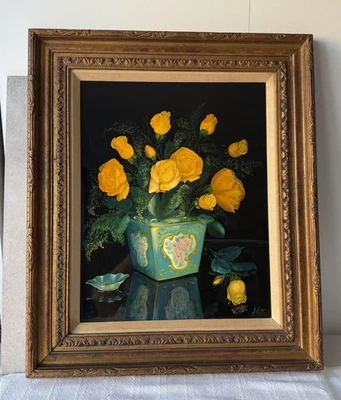 VTG Floral Still Life Painting Roses Rococo-Ornate Wood Gilt Framed 23x26 Signed - Image 1 of 4