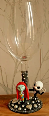 The Nightmare Before Christmas Jack & Sally - Large Handmade Glitter Wine Glass - Image 1 of 4
