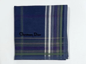 Handkerchief Man Christian Dior Plaid Check Blue Pocket Square Cotton 18” - Picture 1 of 5