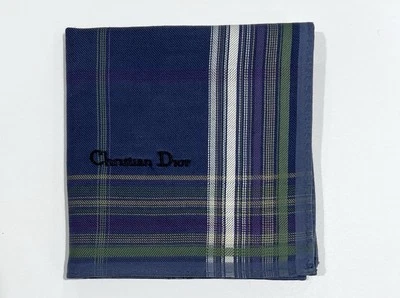 Handkerchief Man Christian Dior Plaid Check Blue Pocket Square Cotton 18” - Image 1 of 4