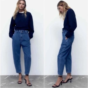 Jeans Zara Paperbag Vita Donna 2 Blu Vita Alta Cotone Elasticizzato Vita Zip Fly - Foto 1 di 7