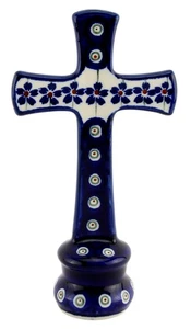 Polnische Keramik Standkreuz von Zaklady Boleslawiec im floralen Pfauenmuster - Bild 1 von 2