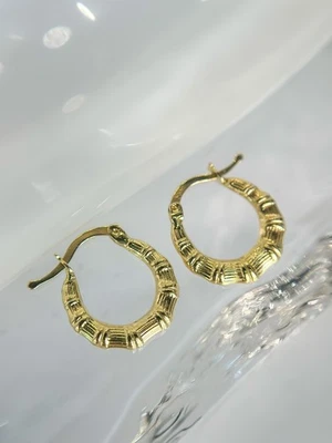 14k Solid Gold Hoop Earrings, Mini African Bamboo Hoop Earrings Real Gold Bamboo - Image 1 of 4