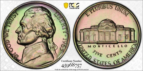 PR66 1963 5C Jefferson Proof Nickel, PCGS Secure- Rainbow Cello Toned Cover