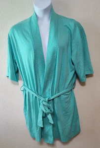 LU Womens Pima Cotton Bath Robe House Coat Short Sleeve Aqua Polka Dots Medium - Picture 1 of 8