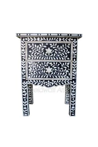 Hand Made Handicrafts Wood Bone Inlay work Floral Two Drawer Bedside Table Black - Picture 1 of 4