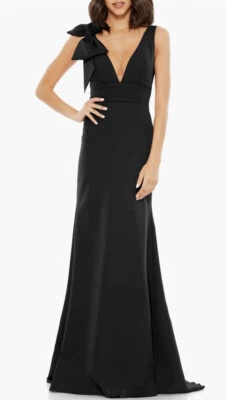 Mac Duggal Black Bow Shoulder V-Neck Formal Gown Black $298 NWT Size 6 - Image 1 of 4