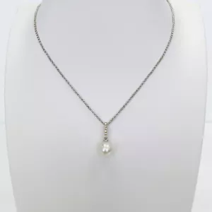 White South Sea Pearl Pendant Necklace 9mm Drop 925 Silver w/ Diamonds 18" Chain - Picture 1 of 2