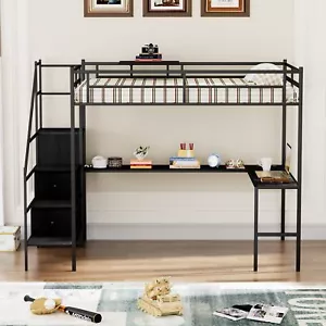 Full Size Metal Loft Bed with L-shaped Desk, LED Lights, Cabinet and 2 Drawers - Picture 1 of 21