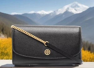 AUTH NWT $398 TORY BURCH Robinson BLACK Saffiano Leather Chain Crossbody Wallet - Picture 1 of 15
