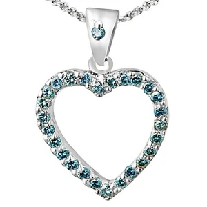 14K White Gold Plated Ocean Blue Real Moissanite Shared-Prong Heart Pendant - Picture 1 of 1