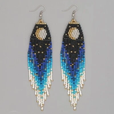 Pendientes Tribales Nativos Grandes Boho Americanos Semilla Cuentas Hecho a Mano Pendiente Foto 1 de 4