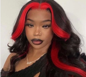 Long 13X1 T Part Lace Front Human Hair Wig Wavy Black Finger Red Highlight Wigs - Picture 1 of 6