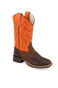 Old West Orange/Brown Youth Boys Leather Western Cowboy Boots - Picture 1 of 2