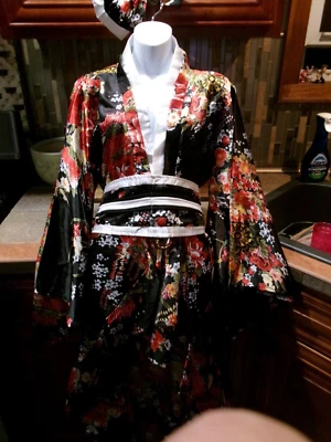 NWOT Adult Floral Kimono & Hair Bow Cosplay Halloween Costume - Image 1 of 4