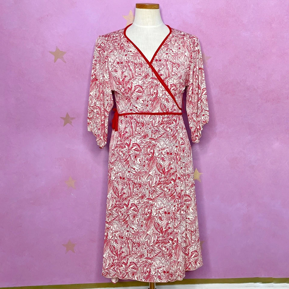 Studio M 全新带标签全新勃艮第和米色佩斯利裹身长裙飘动袖 XS 码 — 第 1/4 张图片