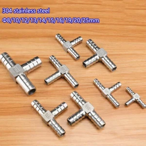Stainless Steel T-Piece 3-Way Connector Hose Tail Barb BSP Thread Pipe Fittings - Picture 1 of 9