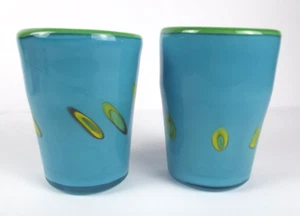 Handblown Art Glass Blue W/Green Rim Pair of Drinking Glass Tumblers 8 oz - Picture 1 of 4