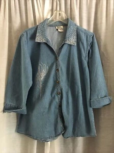 Issac’s Designs Womens Blue Denim Collared Shirt Top Rhinestones 3/4 Sleeves - Picture 1 of 9