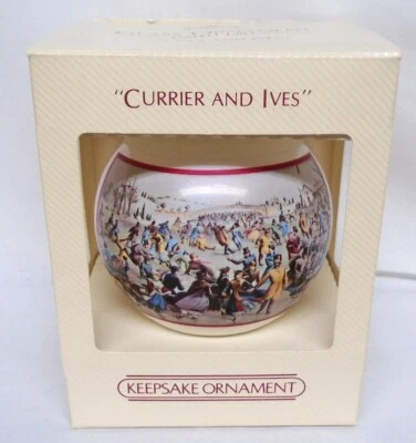 Hallmark Ball Ornament Currier and Ives 1983 American Skating Pond Central Park Foto 1 de 4