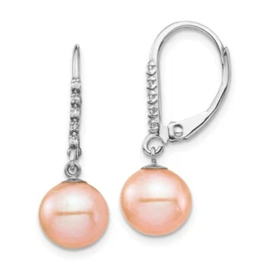 14k 14kt White Gold  8-9mm Pink FWC Pearl .05ct Diamond Leverback Earrings - Picture 1 of 3