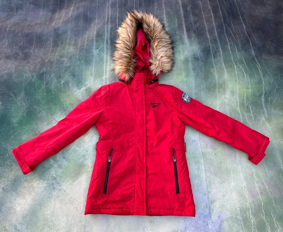 Vintage Reebok Red Hooded Winter Jacket Size Girls M (10-12). - Image 1 of 4