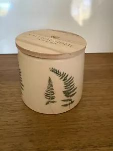 SAND + FOG Eucalyptus Candle 7oz w/ 1 Wick + Wood Lid. White with Painted Ferns - Picture 1 of 7