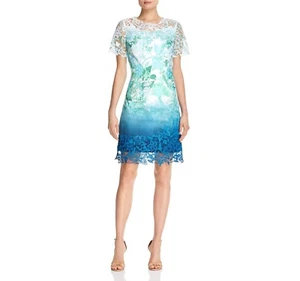 Elie Tahari Kleid 8 Aquarell Blumen Spitze Etui ombre blau türkis Stretch gefüttert - Bild 1 von 14