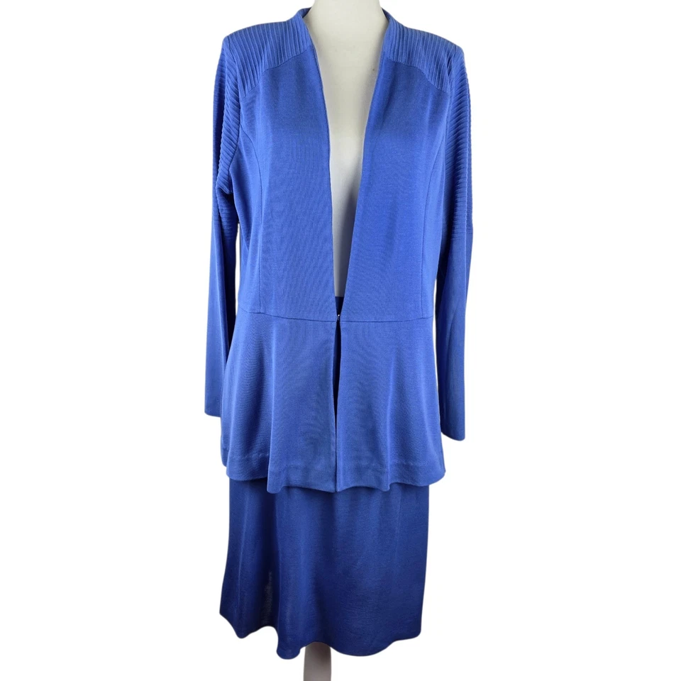 Misook Blue Knit 2 Piece Set Jacket & Skirt M Ribbed Cardigan Timeless Luxe  - Image 1 of 4