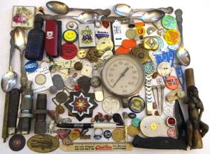 VINTAGE ESTATE CLEAN OUT JUNK DRAWER LOT #21 TOKENS KNIVES PINS COINS + LOADED!! - Picture 1 of 6