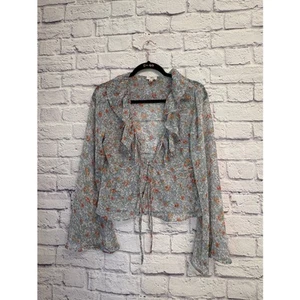 Dizzy Lizzy Langarm-Top Blumenmuster Rüschen vorne zum Binden transparent M - Bild 1 von 7