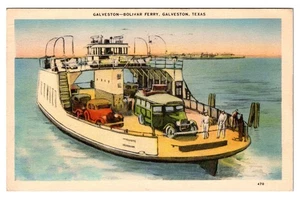 GALVESTON, TEXAS - BOLIVAR FERRY - CARS & PEOPLE - 1937 - VINTAGE LINEN POSTCARD - Bild 1 von 2