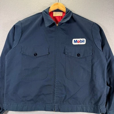 Vintage Mobil Oil Work Jacket L Navy Red Lined Durable Press Workwear Union Made - Image 1 of 4