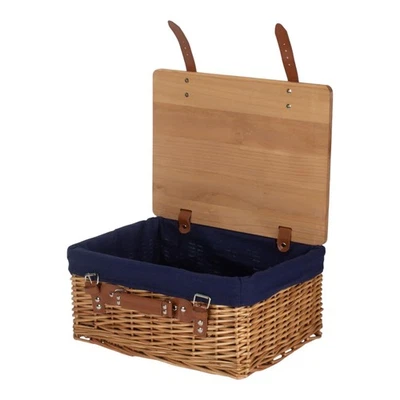 41cm Double Steamed Navy Lined Willow Empty Picnic Basket with Pinewood Lid - Image 1 of 4