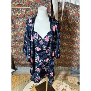 Kathryn Navy Floral Satin Kimono Robe & Nightgown Set Lingerie large - Picture 1 of 5