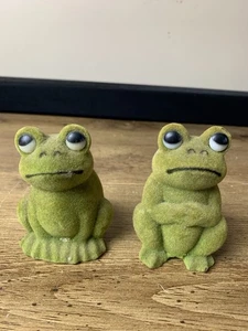 Flocked Fuzzy Frogs Green Sad Eyes Whimsical Lot Of 2 - Picture 1 of 12