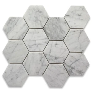 C34XP 4" Hexagon Carrara Venato Carrera Italian Marble Mosaic Tile Polished - Picture 1 of 10