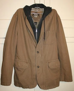 Brown and Grey Express Dress Jacket Double Button hooded Layer Look Size Small - Picture 1 of 9