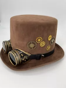 Steampunk Cosplay Mens Brown Top Punk Hat With Goggles Size One Size - Picture 1 of 7