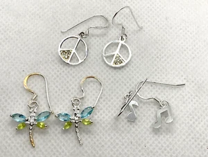 Lot of 3 Pairs Silver Tone Dangle Drop Pierced Earrings Dragonfly Music Peace - Picture 1 of 11