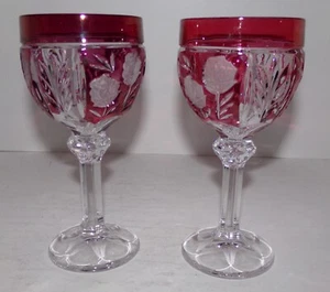 2 BÖHMISCH TSCHECHISCH GESCHLIFFEN KRISTALL WEIN Glas KELCH ROT 7" hoch - Bild 1 von 5