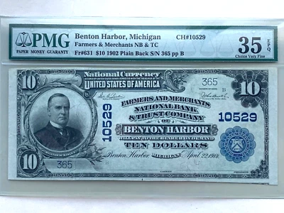 1902 $10 1st Natl Bank Benton Harbor MI - Plain Back PMG 35EPQ Choice Very Fine - Image 1 of 2