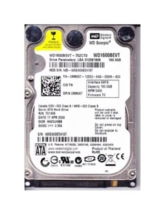 Disco duro SATA para computadora portátil Western Digital WD1600BEVT - 75ZCT0 0RM067 160 GB de 2,5" - Imagen 1 de 1