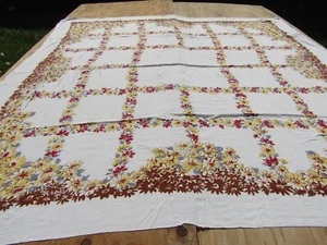 Vintage Tablecloth Print Flowers Yellow Red Brown Blue 46" x 48" Damaged TC168 - Picture 1 of 19