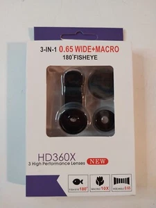 HD360X – 3 in 1 HD Smartphone Lens Kit 180 Fisheye Macro 10x Wide Angle 0.65 - Photo 1 sur 4